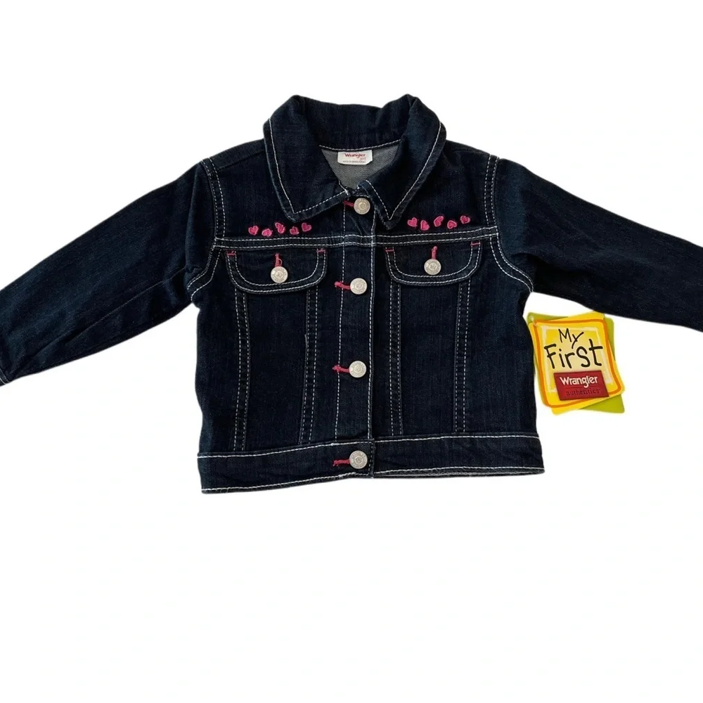 (NWT) Wrangler Kids Denim Jacket Dark Blue w/ Pink Details | Baby Girl 12 Months